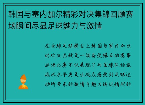 韩国与塞内加尔精彩对决集锦回顾赛场瞬间尽显足球魅力与激情